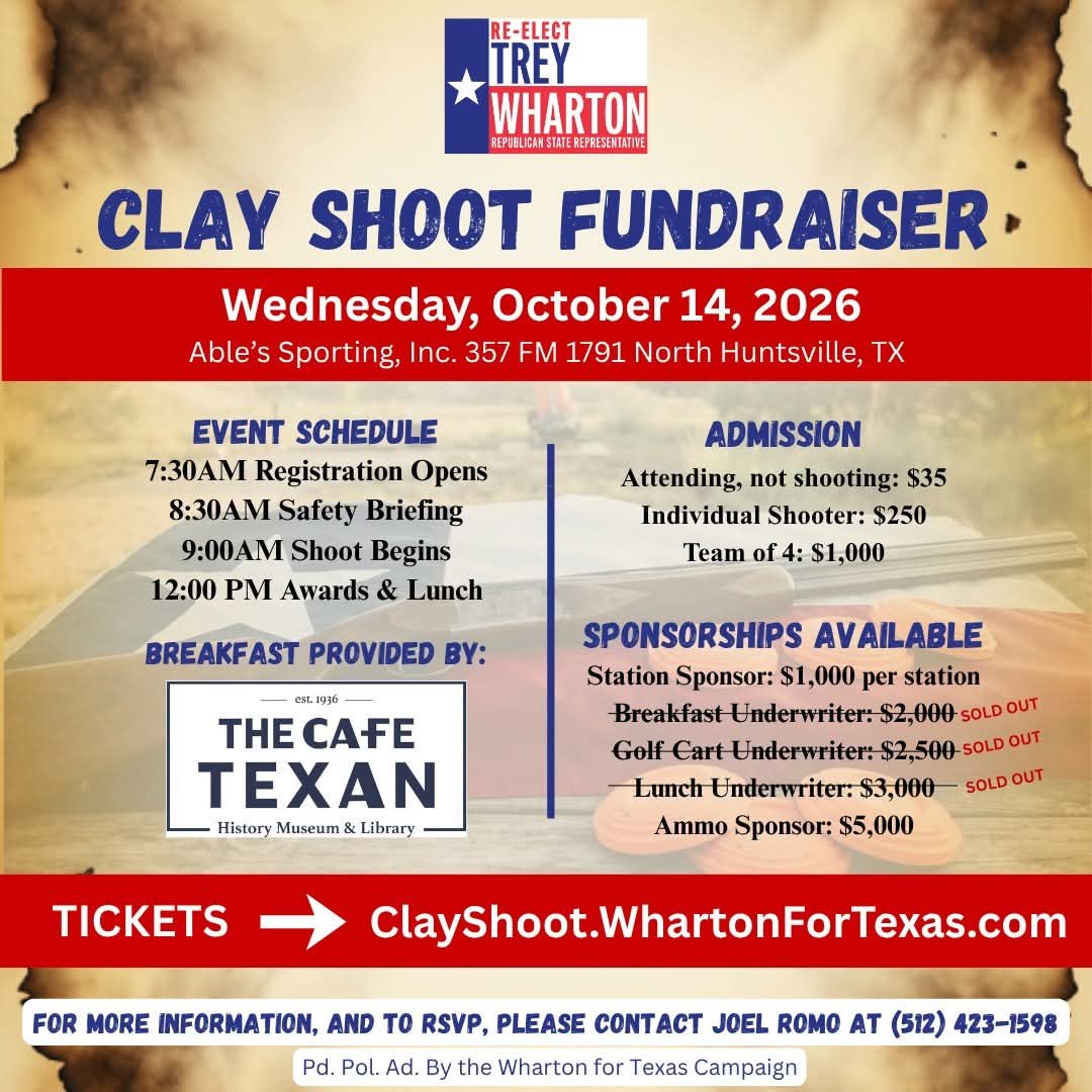 Trey Wharton Clay Shoot Fundraiser flyer: Wednesday, October 14, 2026 at Able's Sporting, Huntsville